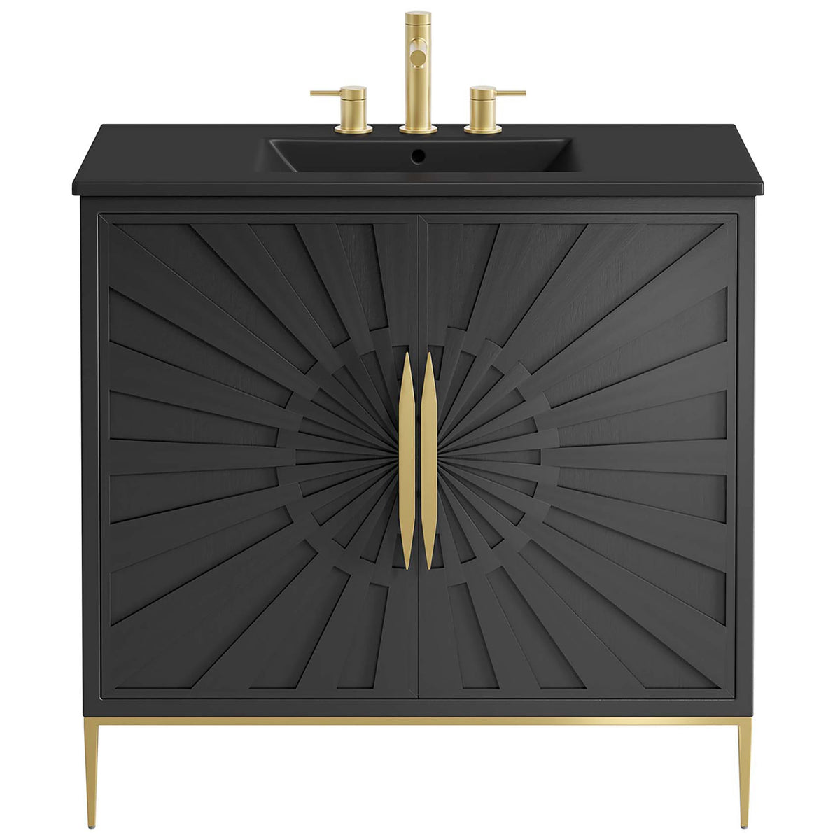 Striking black vanity with sunburst doors and gold accents creates a focal point || EEI-6299-BLK-BLK || front_studio