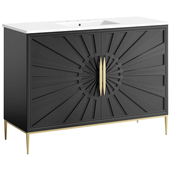 Striking design pairs sculpted doors with slender gold legs for a luxe look. || EEI-6301-WHI-BLK || front_angle_studio