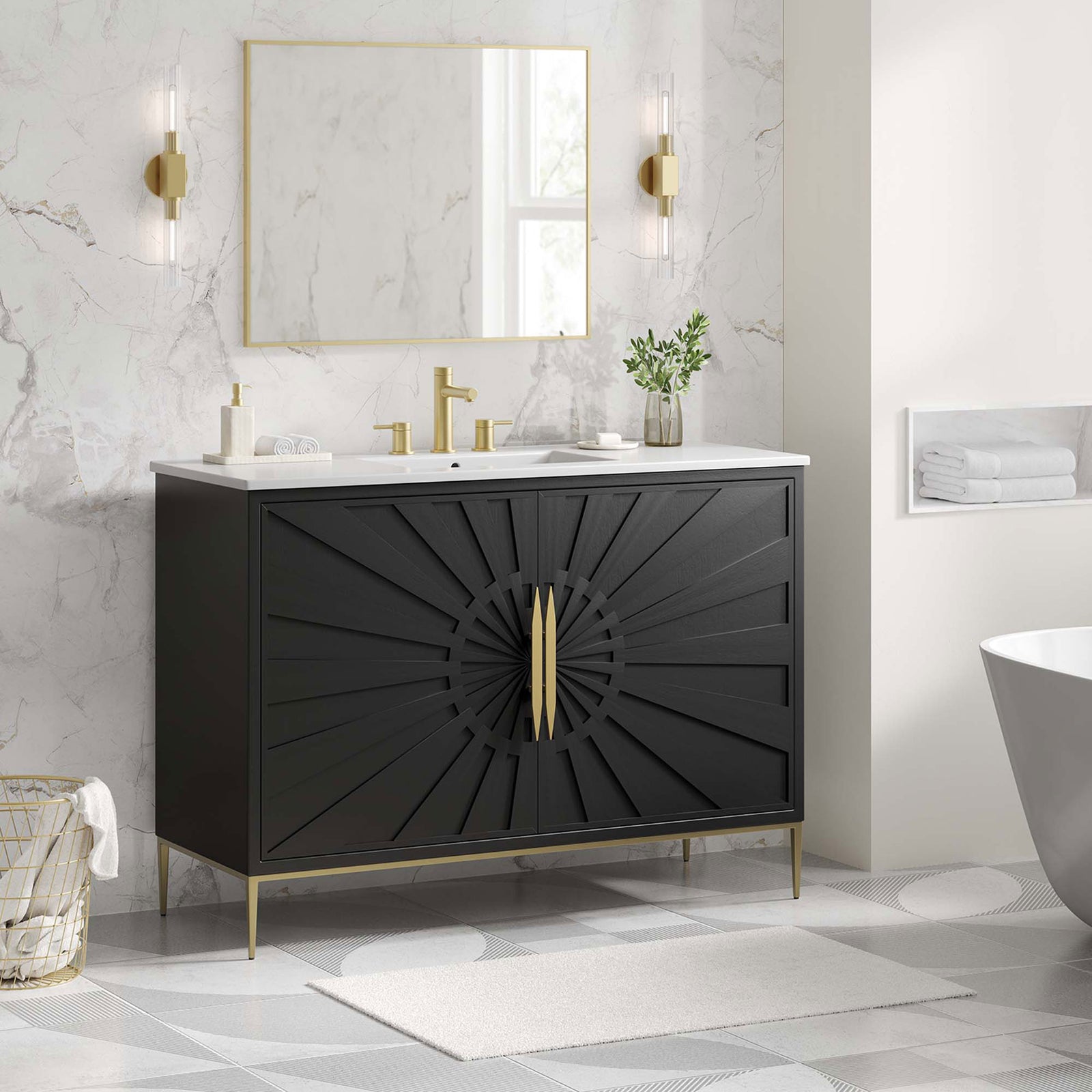 Luxe bathroom centerpiece with bold geometry and warm gold accents. || EEI-6301-WHI-BLK || front_room
