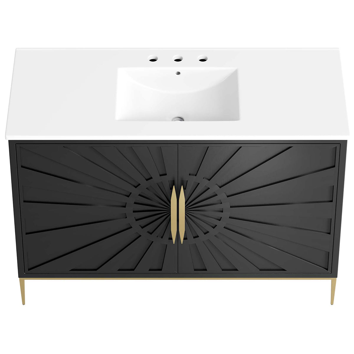 Spacious ceramic counter with integrated basin and faucet-ready holes. || EEI-6301-WHI-BLK || top_studio