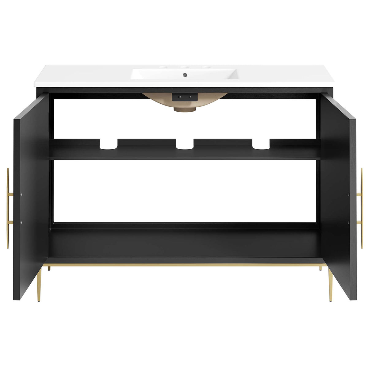 Extra-wide cabinet doors open to expansive storage with a fixed shelf. || EEI-6301-WHI-BLK || front_open_studio