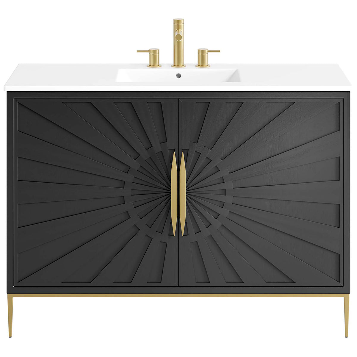 Broad vanity highlights a bold sunburst facade, gold hardware, and a seamless ceramic top. || EEI-6301-WHI-BLK || front_studio