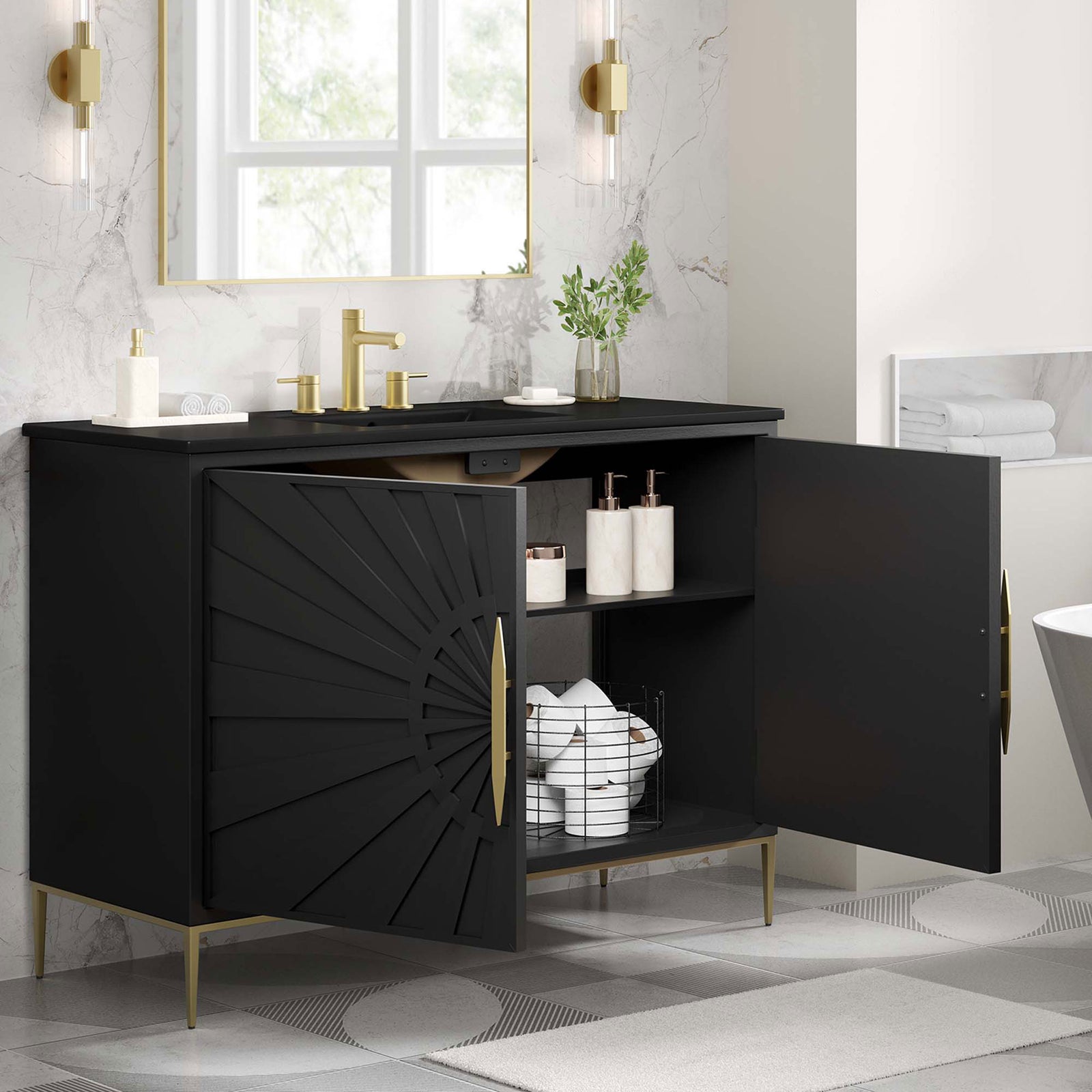 Organized interior keeps essentials within reach and surfaces clutter free || EEI-6303-BLK-BLK || front_angle_open_room