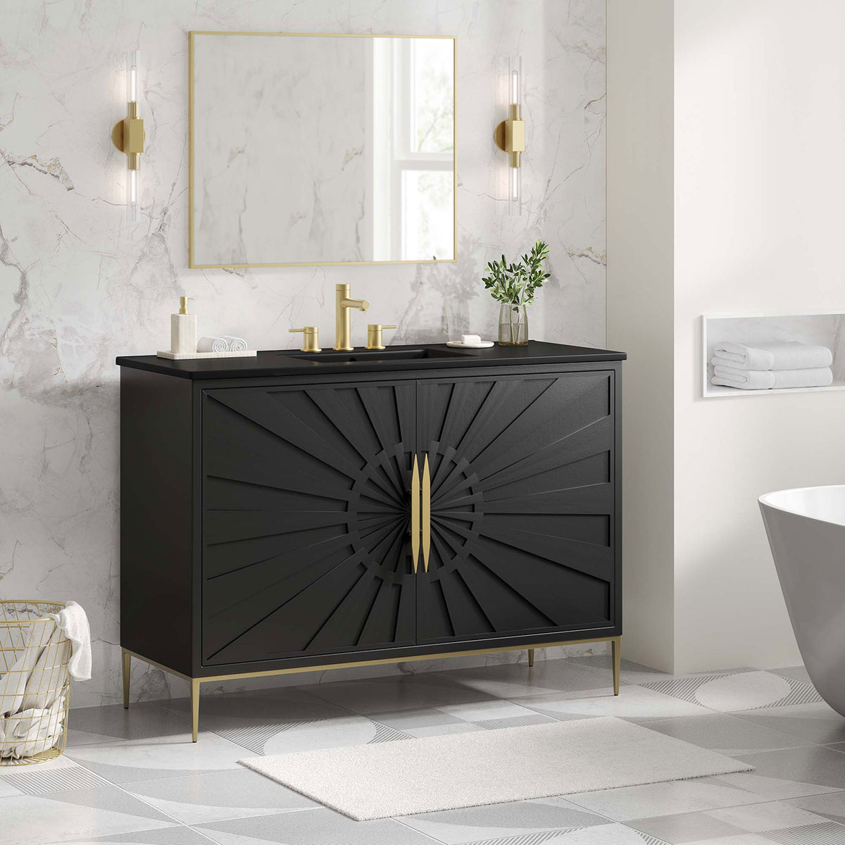 Grand presence elevates the bath with luxe black finish and gold highlights || EEI-6303-BLK-BLK || front_room