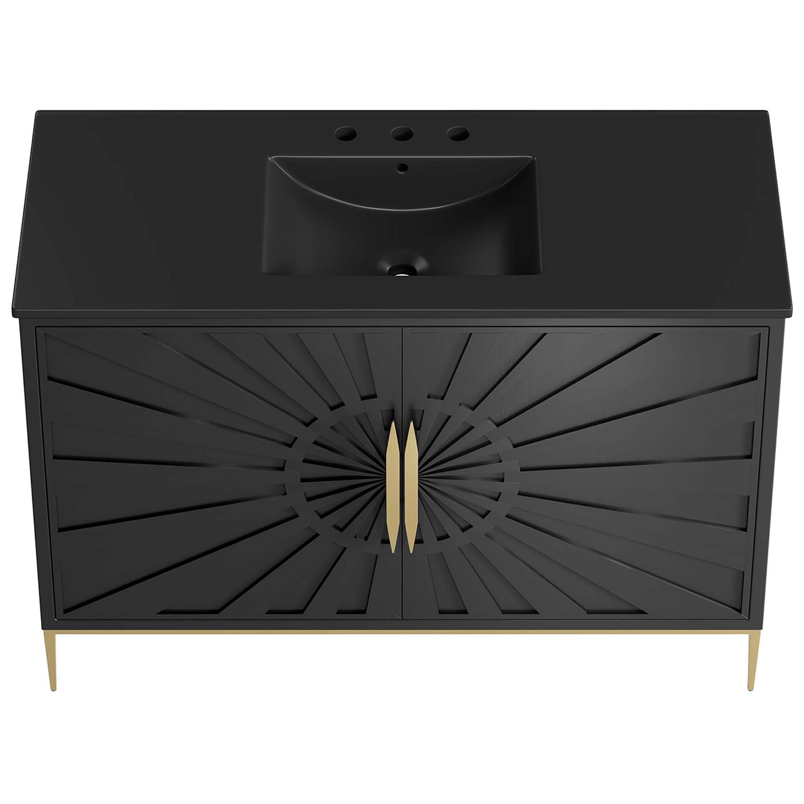 Wide ceramic basin with 8 inch widespread holes crowns the streamlined top || EEI-6303-BLK-BLK || top_studio