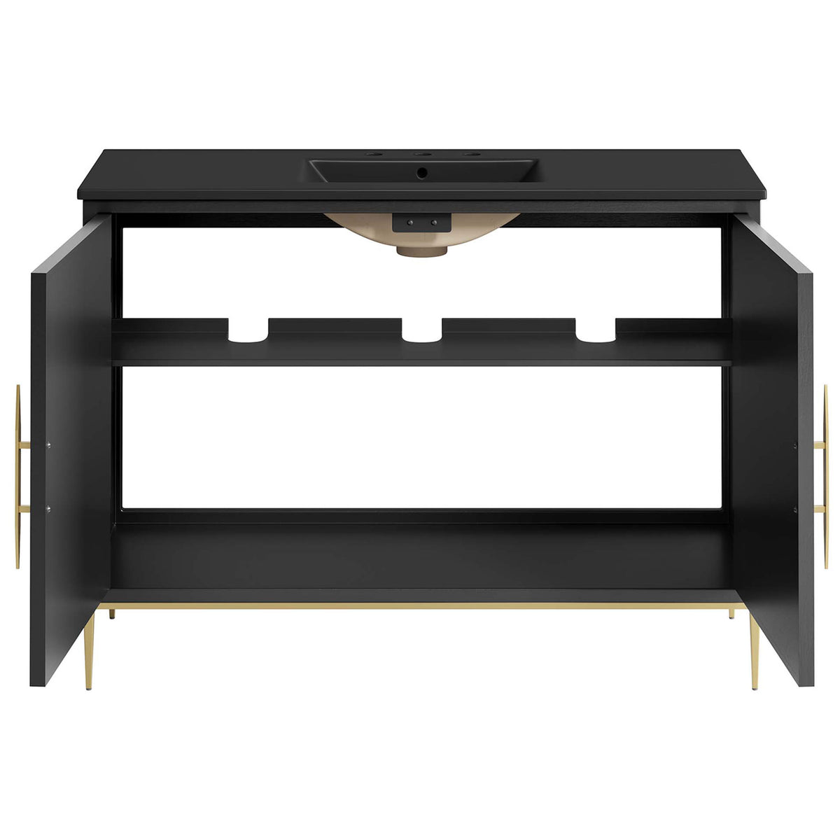 Extra roomy cabinet with full width shelving to store bulky bath items || EEI-6303-BLK-BLK || front_open_studio