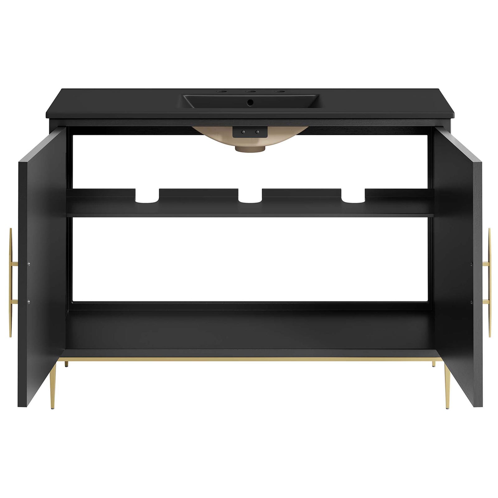 Extra roomy cabinet with full width shelving to store bulky bath items || EEI-6303-BLK-BLK || front_open_studio