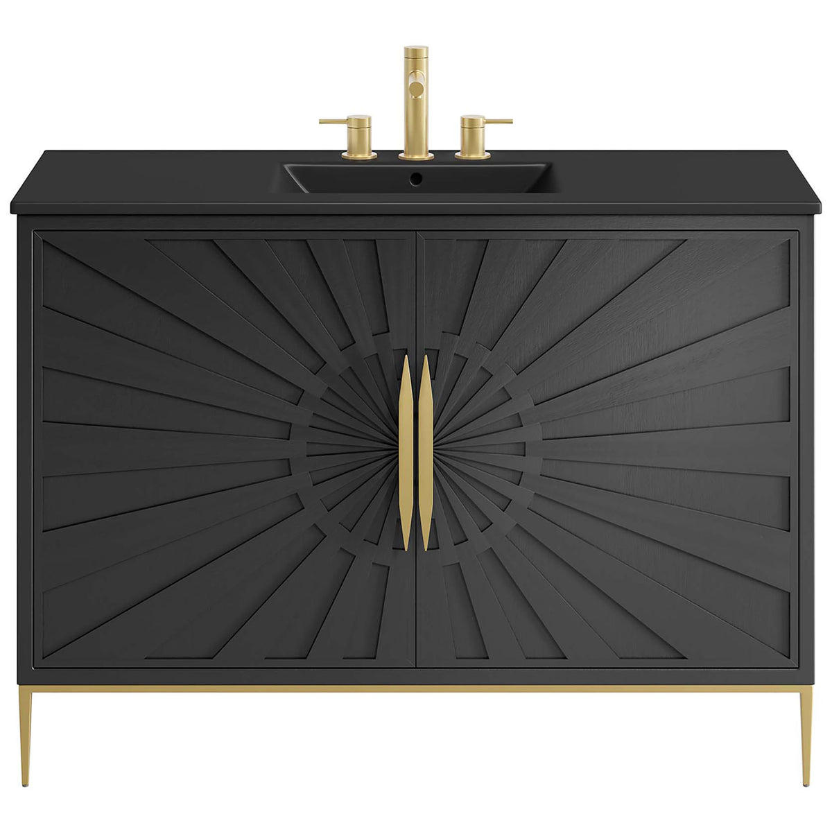Expansive black vanity features sunburst doors with tall gold handles and slim legs || EEI-6303-BLK-BLK || front_studio