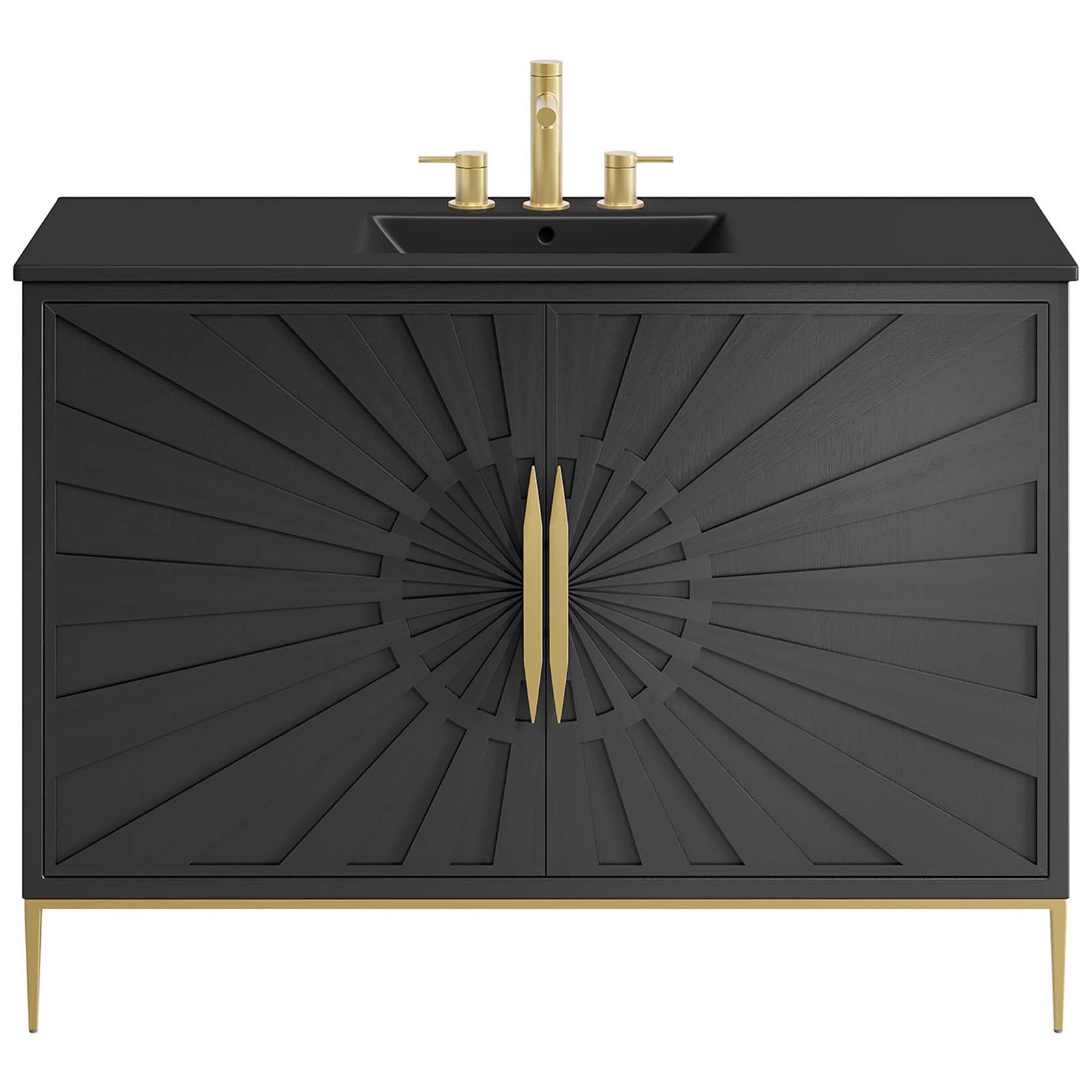 Expansive black vanity features sunburst doors with tall gold handles and slim legs || EEI-6303-BLK-BLK || front_studio