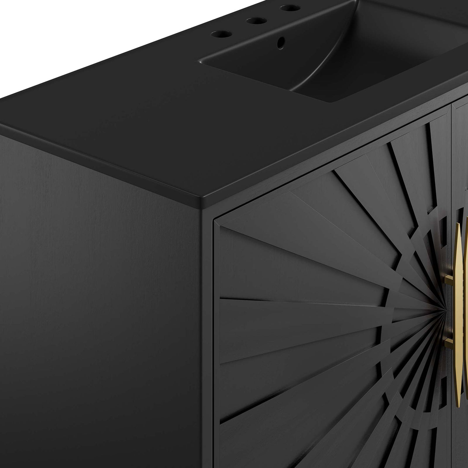 Subtle wood texture contrasts the smooth basin and luminous gold hardware || EEI-6303-BLK-BLK || detail_studio