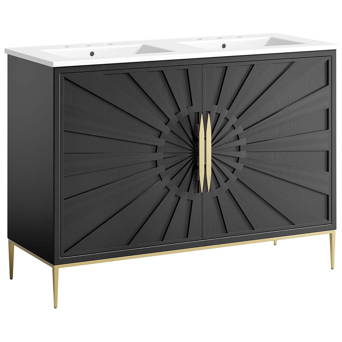48-inch double sink vanity pairs a white ceramic top with a matte black cabinet and gold accents || EEI-6305-WHI-BLK || front_angle_studio