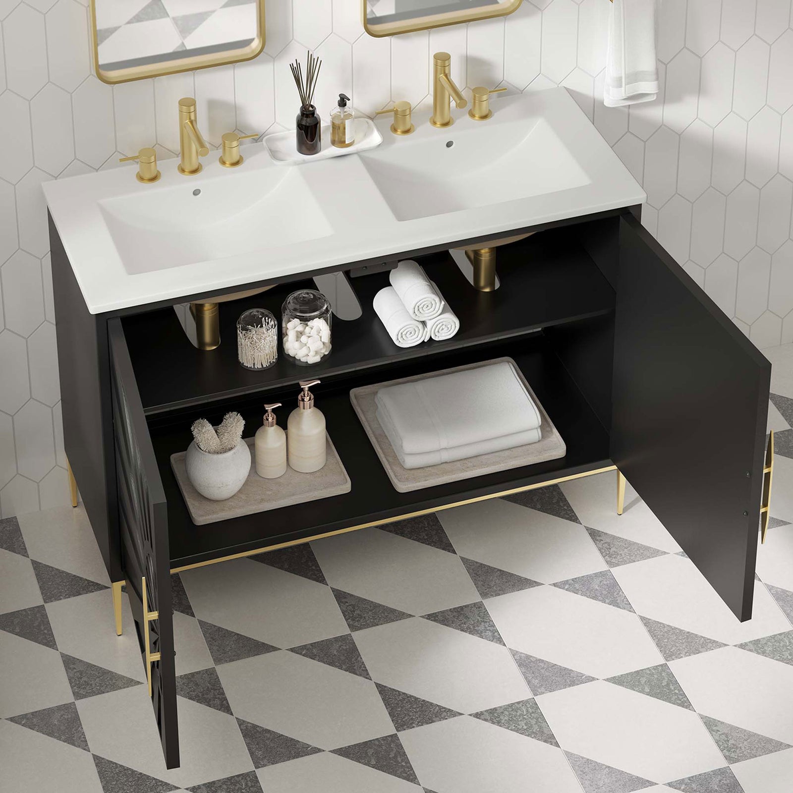 Spacious shelf and double sinks make daily routines simple in a modern bath || EEI-6305-WHI-BLK || front_angle_open_room