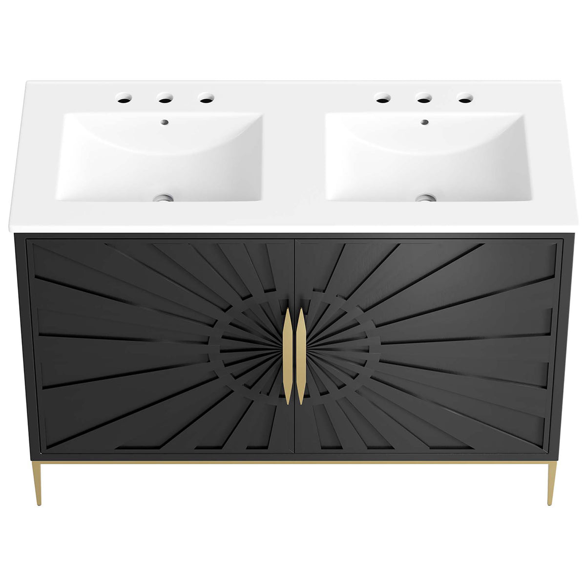 Dual ceramic basins with 8-inch widespread faucet holes and gently contoured edges || EEI-6305-WHI-BLK || top_studio