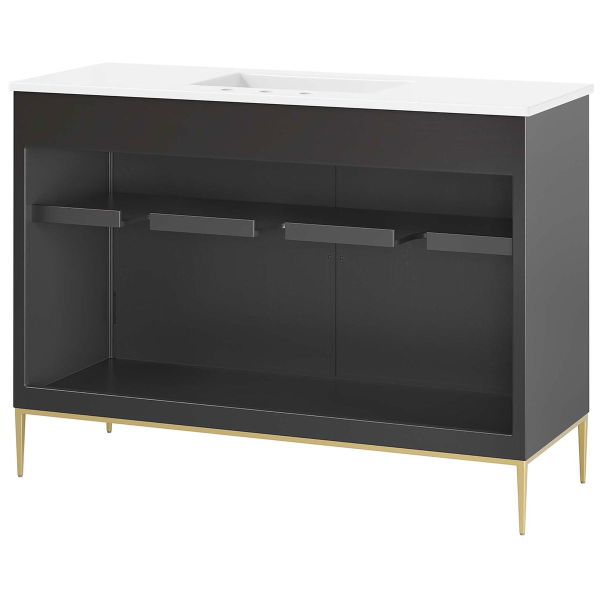 Open back design offers easy plumbing access with a full-width shelf for flexible storage || EEI-6305-WHI-BLK || back_angle_studio
