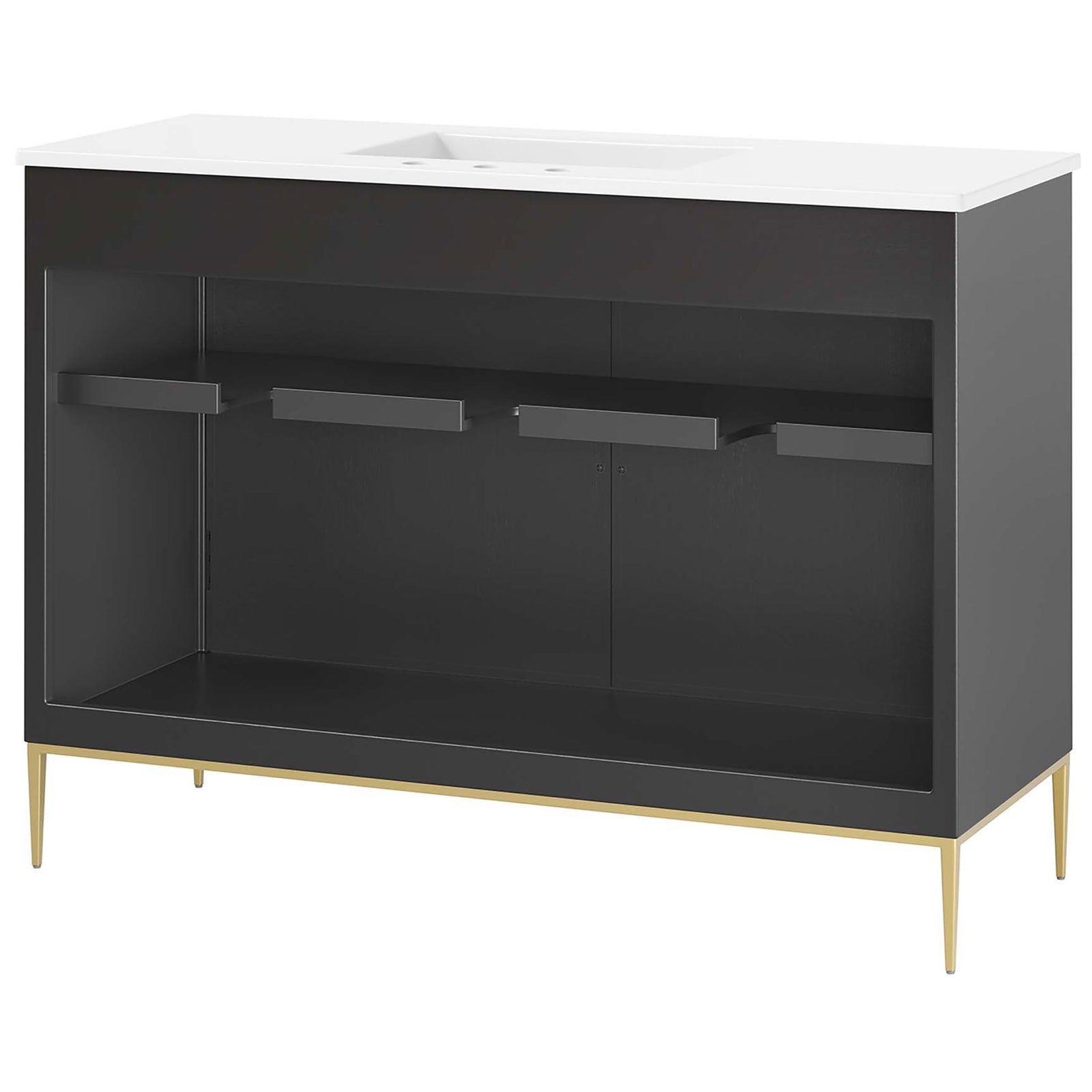 Open back design offers easy plumbing access with a full-width shelf for flexible storage || EEI-6305-WHI-BLK || back_angle_studio