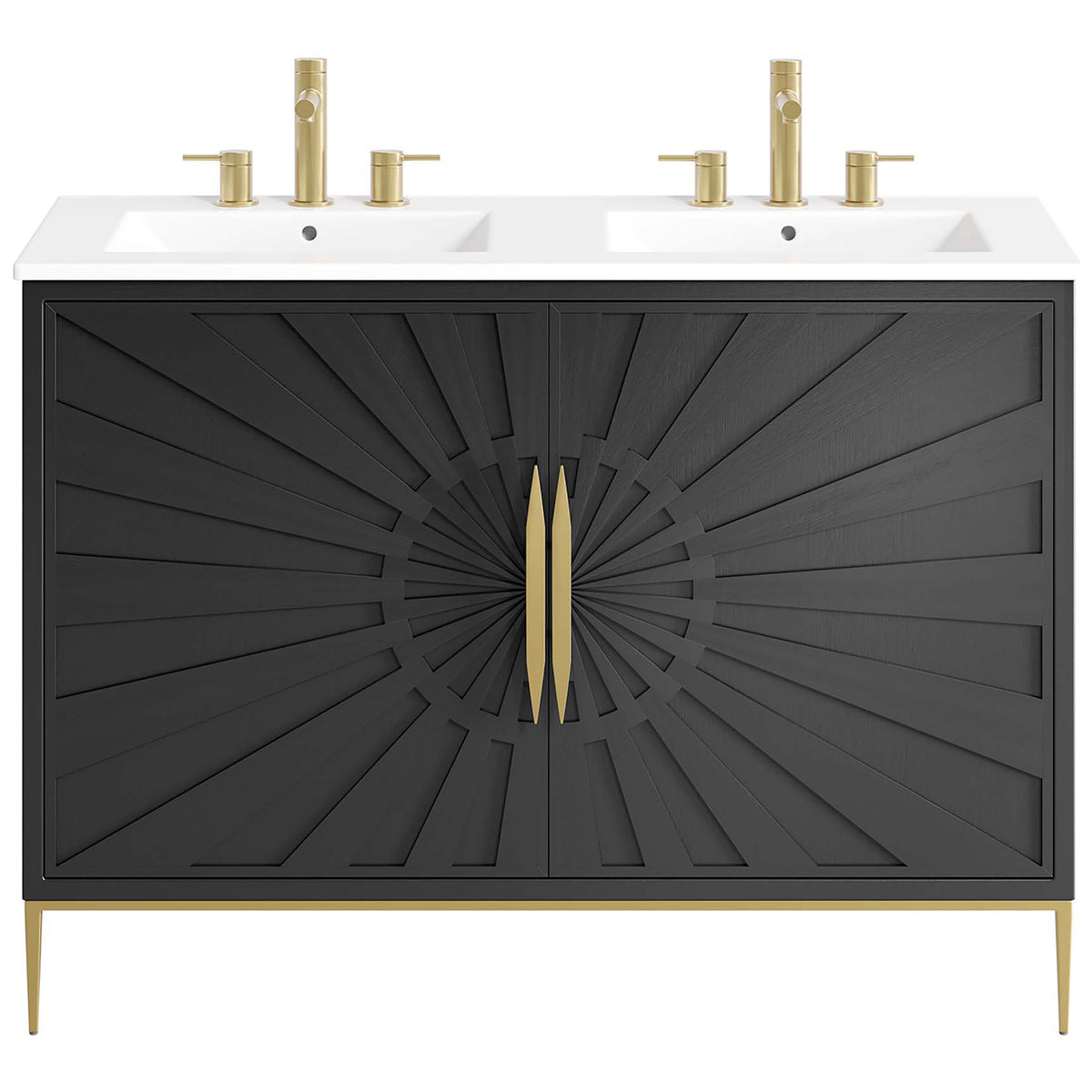 Bold black vanity with dual basins, sunburst doors, and gleaming gold hardware on a slender metal base || EEI-6305-WHI-BLK || front_studio
