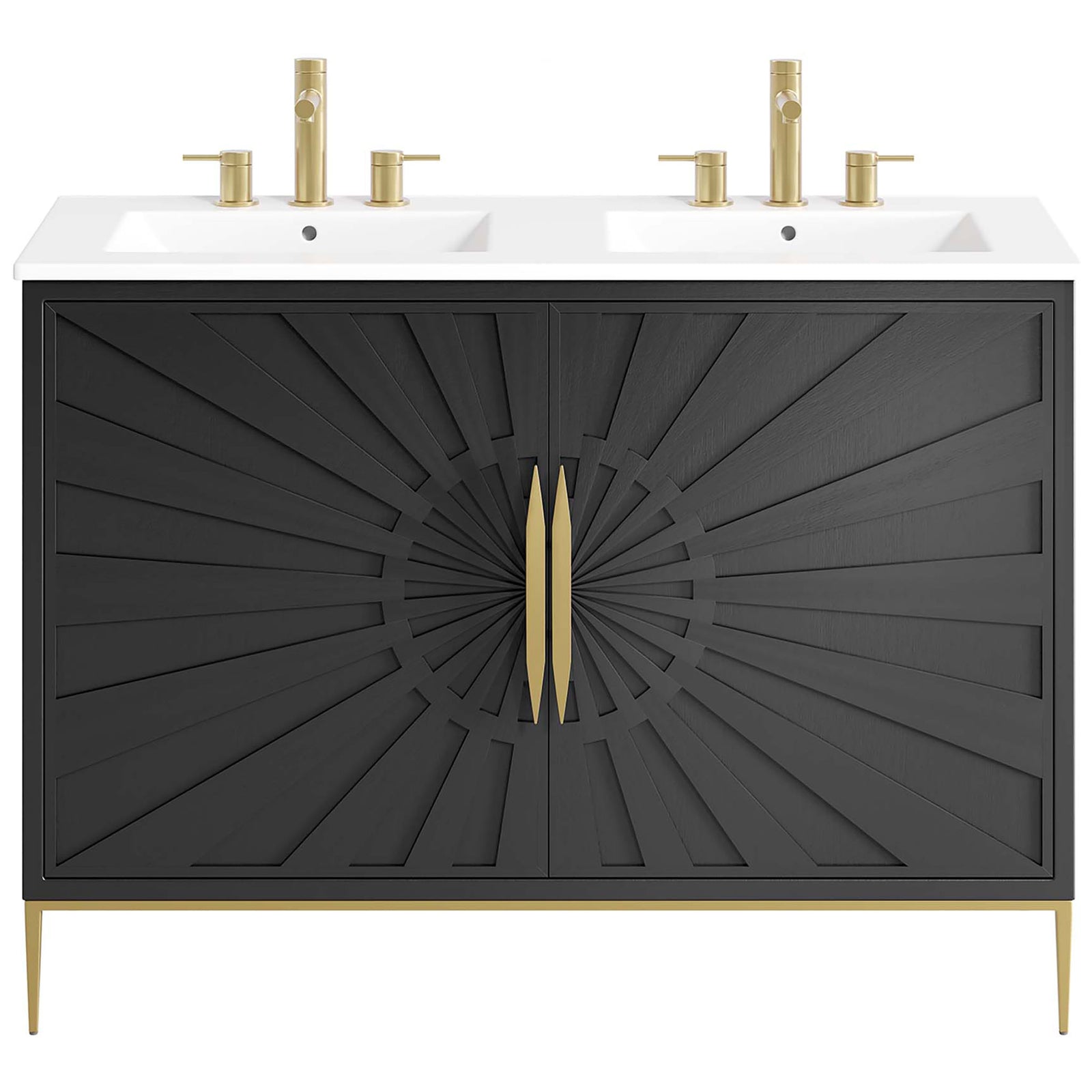 Bold black vanity with dual basins, sunburst doors, and gleaming gold hardware on a slender metal base || EEI-6305-WHI-BLK || front_studio