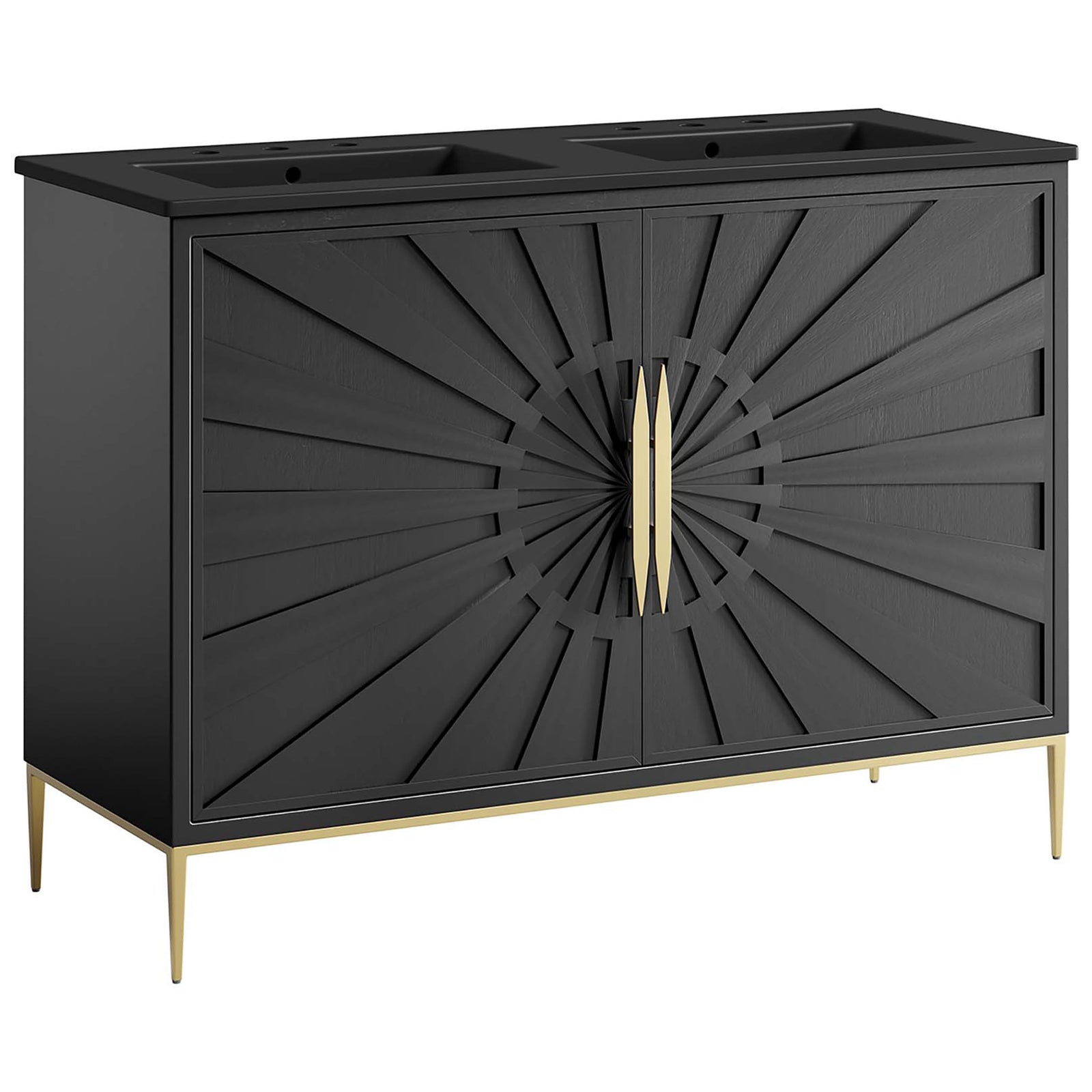 Bold black double sink vanity with sunburst doors, slim gold pulls, and tapered metal base || EEI-6307-BLK-BLK || front_angle_studio