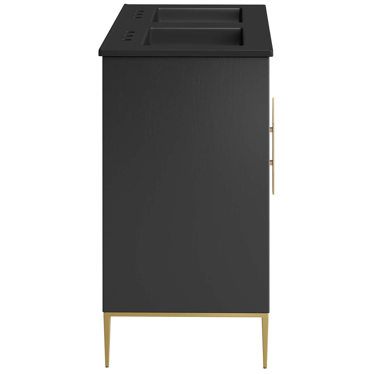 Streamlined profile highlights the sleek black finish and gold base with modern tapered legs || EEI-6307-BLK-BLK || side_studio