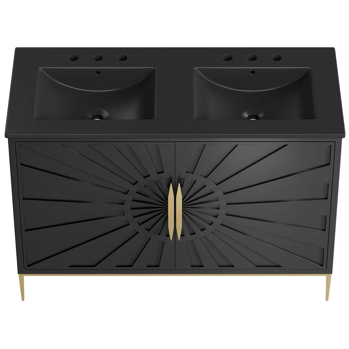 Ceramic double sinks with crisp edges and pre-drilled faucet holes atop a striking black vanity || EEI-6307-BLK-BLK || top_studio