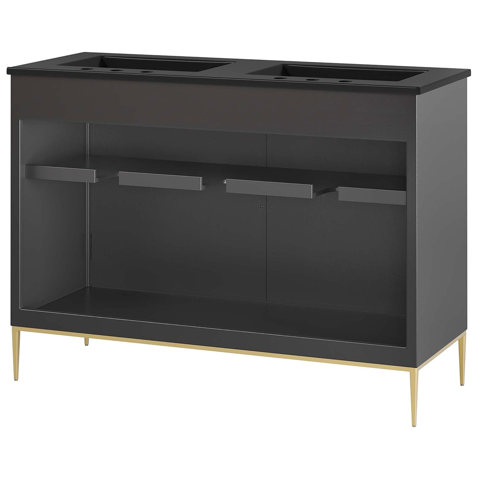 Open-back cabinet design simplifies plumbing access while the gold base adds a refined touch || EEI-6307-BLK-BLK || back_studio
