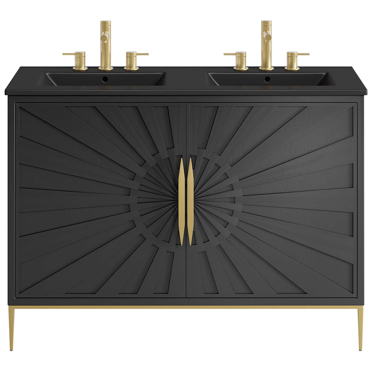 Modern glam appeal with sculptural gold hardware and dual integrated sinks on a sleek black cabinet || EEI-6307-BLK-BLK || front_studio