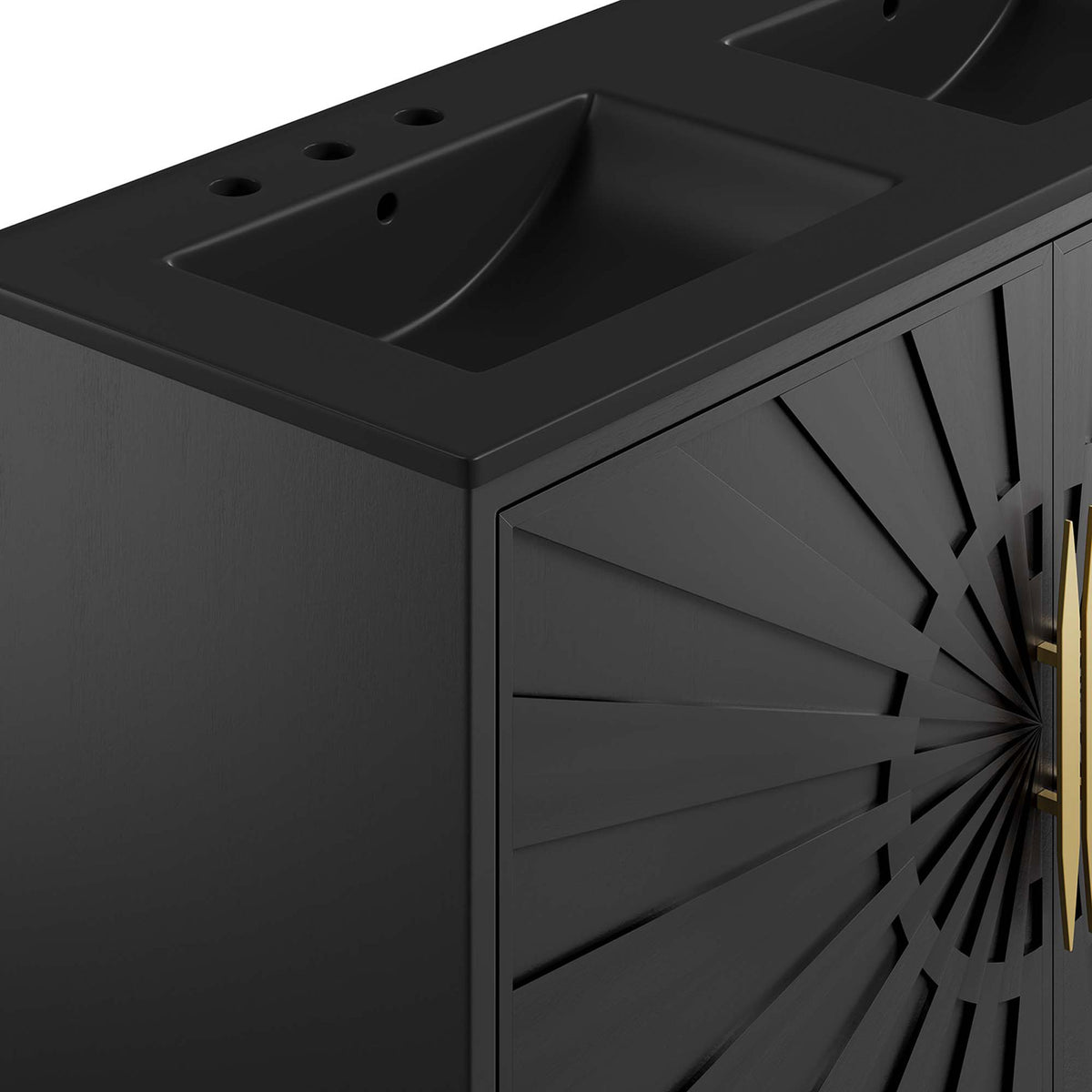 Textured sunburst paneling and slim gold pulls create a bold focal point on the cabinet doors || EEI-6307-BLK-BLK || detail_studio