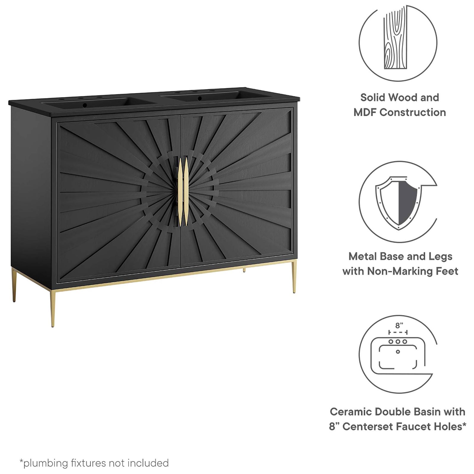 Solid wood and MDF build, metal base with non-marking feet, and ceramic double sinks || EEI-6307-BLK-BLK || callout_studio
