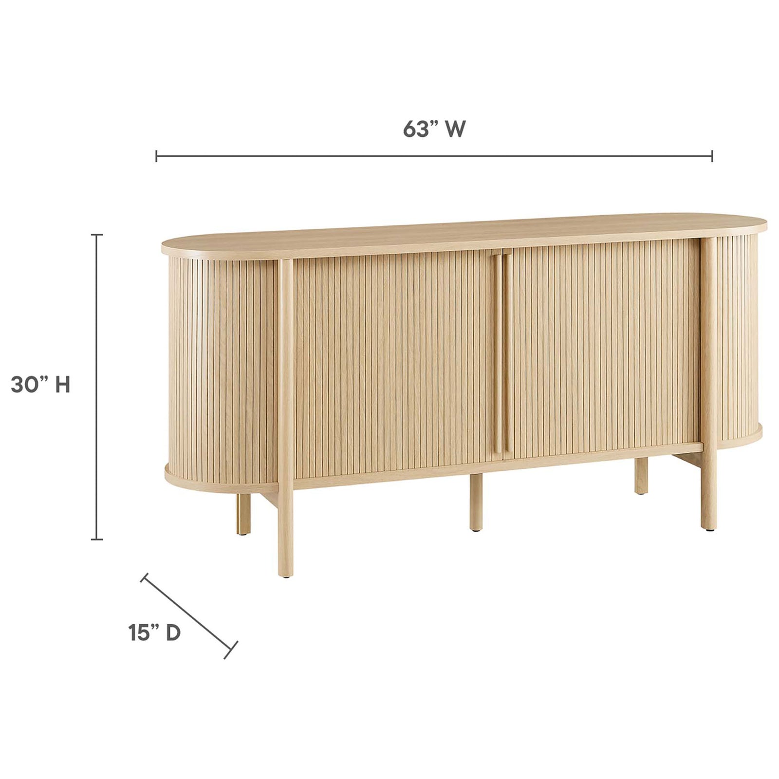 Sideboard measures 63 inches wide, 15 inches deep, and 30 inches high for a sleek, space-conscious footprint. || EEI-6309-OAK || dimension_studio