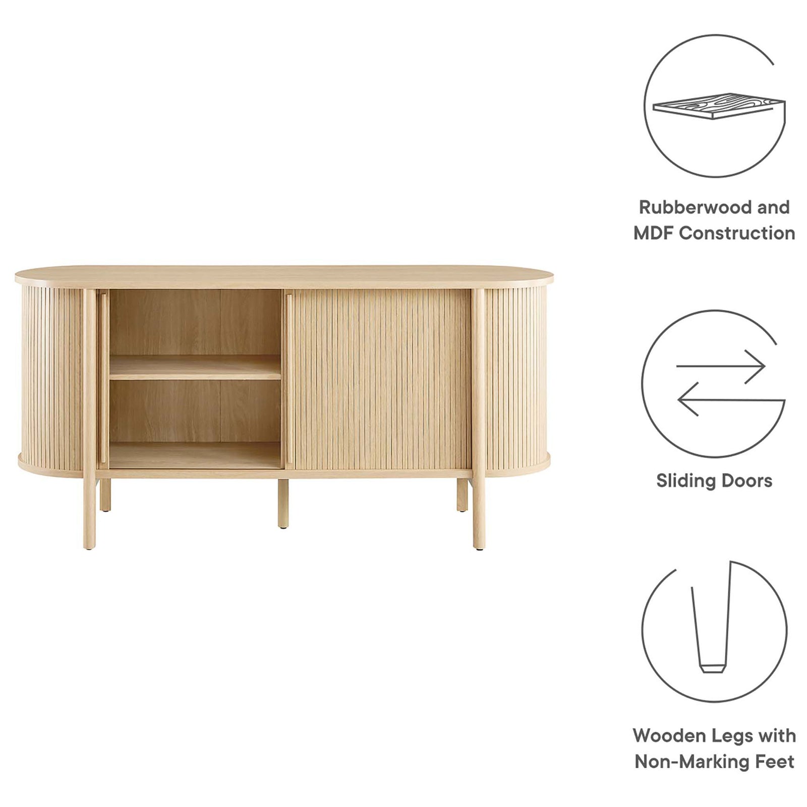 Key features include rubberwood and MDF construction, sliding doors, and wooden legs with non-marking feet. || EEI-6309-OAK || callout_studio