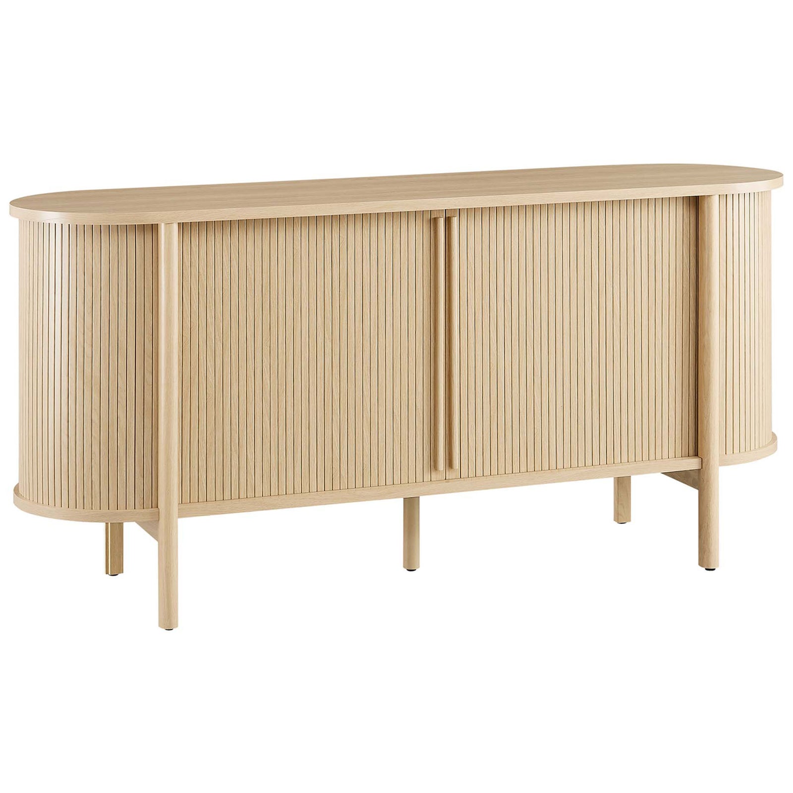 Curved oak buffet cabinet with rounded corners and fluted doors for a soft, sculptural living room look. || EEI-6309-OAK || front_angle_studio