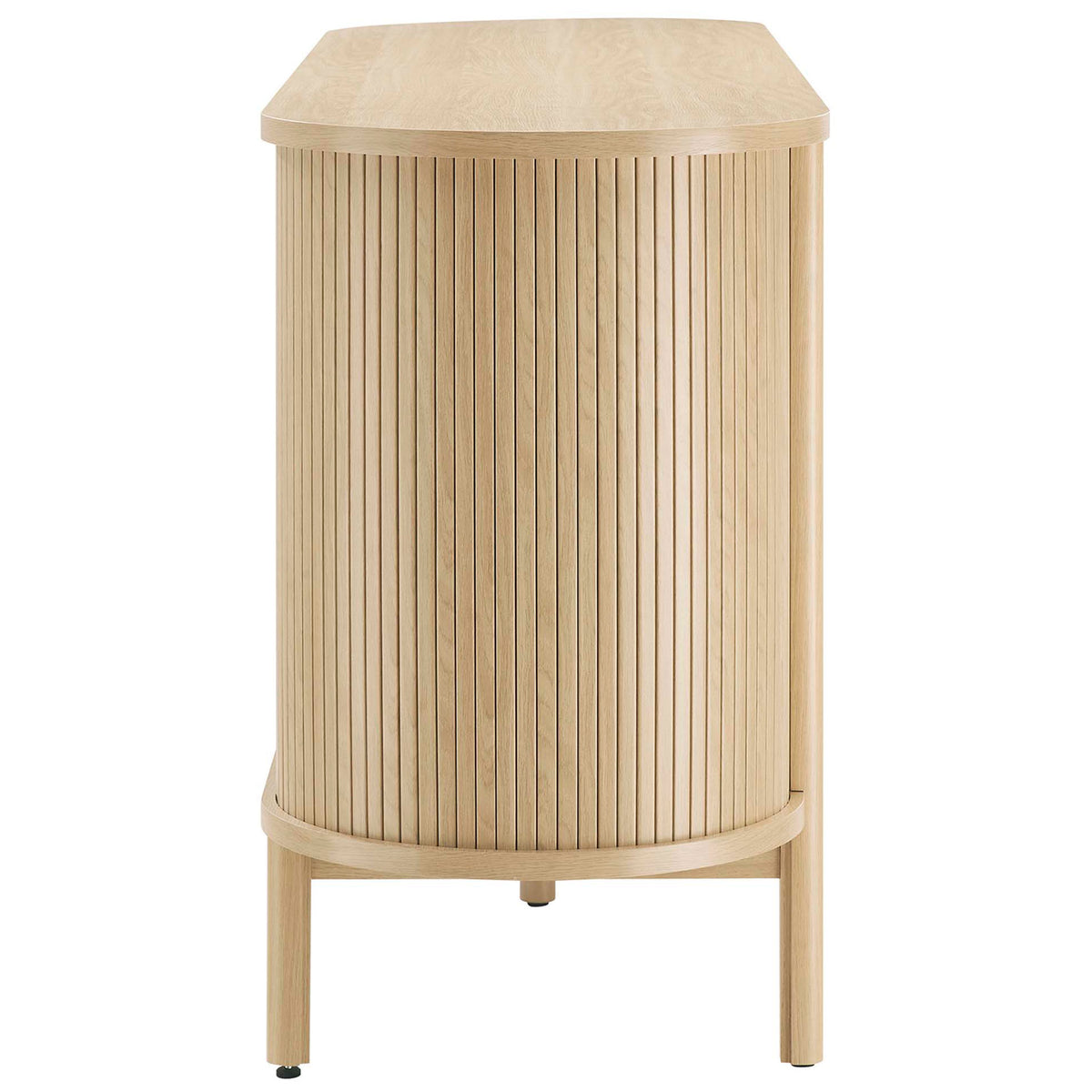 Oak sideboard with a slim, curved silhouette and vertical fluted detailing along the sides. || EEI-6309-OAK || side_studio