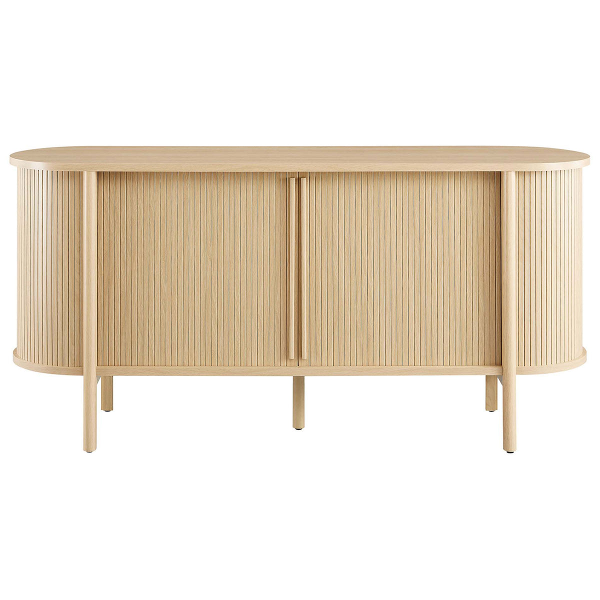 Curved oak sideboard with fluted sliding doors and slim round legs for sleek mid-century storage. || EEI-6309-OAK || front_studio