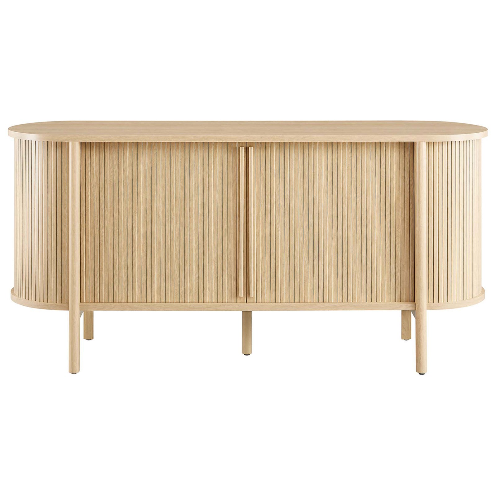 Curved oak sideboard with fluted sliding doors and slim round legs for sleek mid-century storage. || EEI-6309-OAK || front_studio