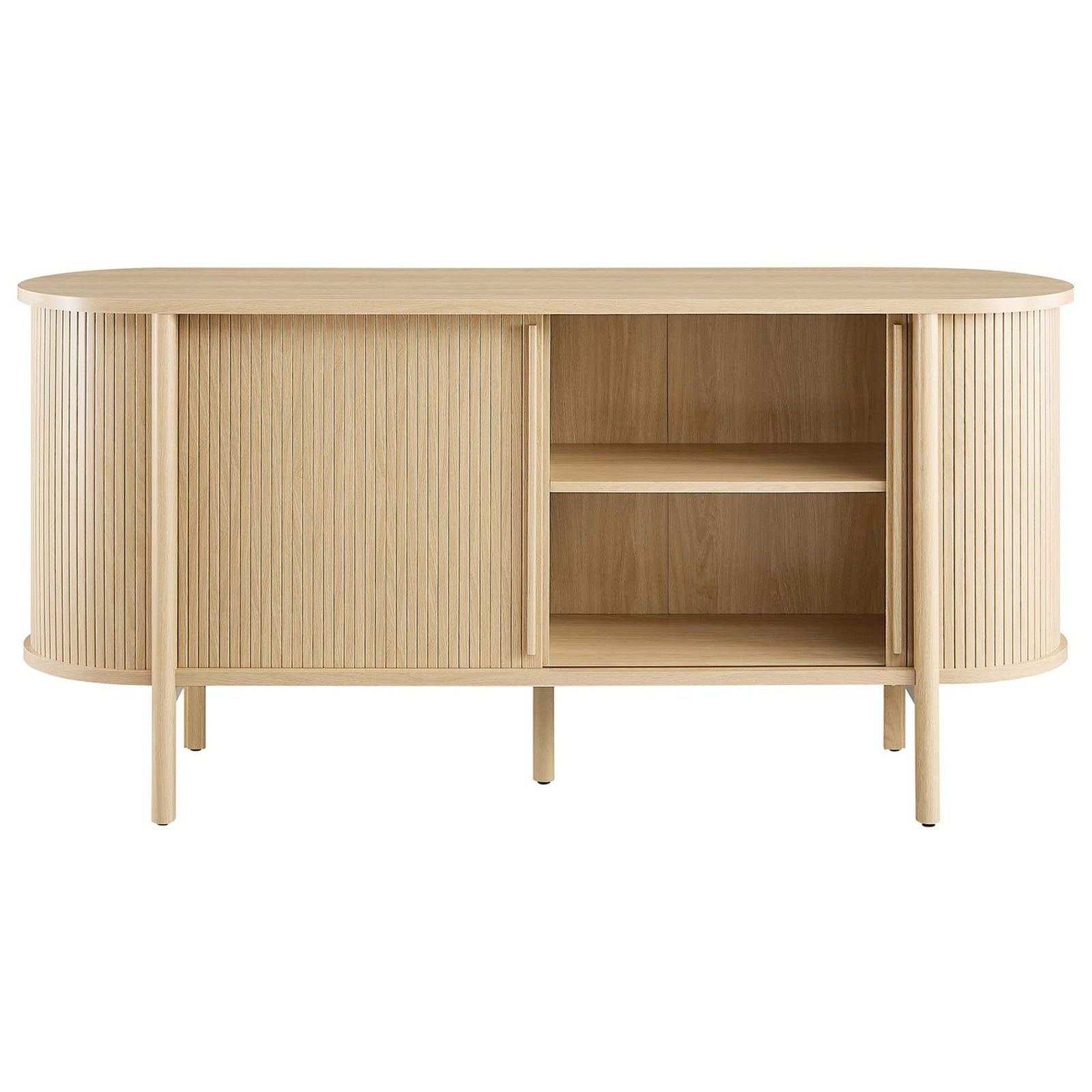 Oak sideboard with right sliding door open, showcasing spacious interior shelves for dining essentials. || EEI-6309-OAK || front_open_studio