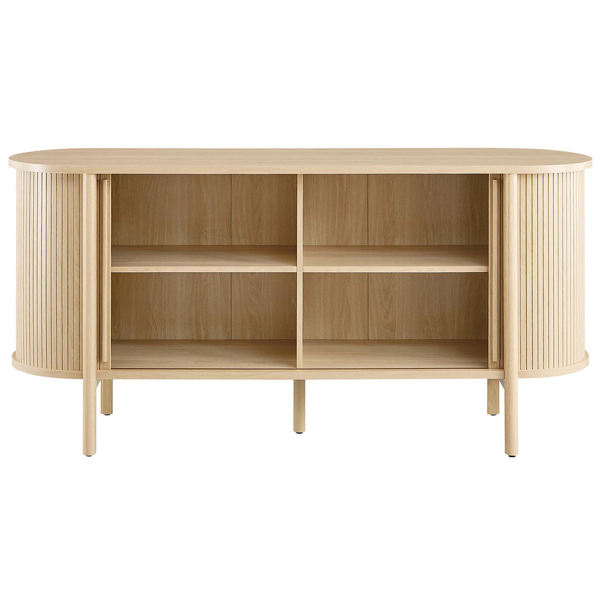 Oak fluted sideboard with both doors open, displaying four roomy compartments for media and decor. || EEI-6309-OAK || front_open_studio
