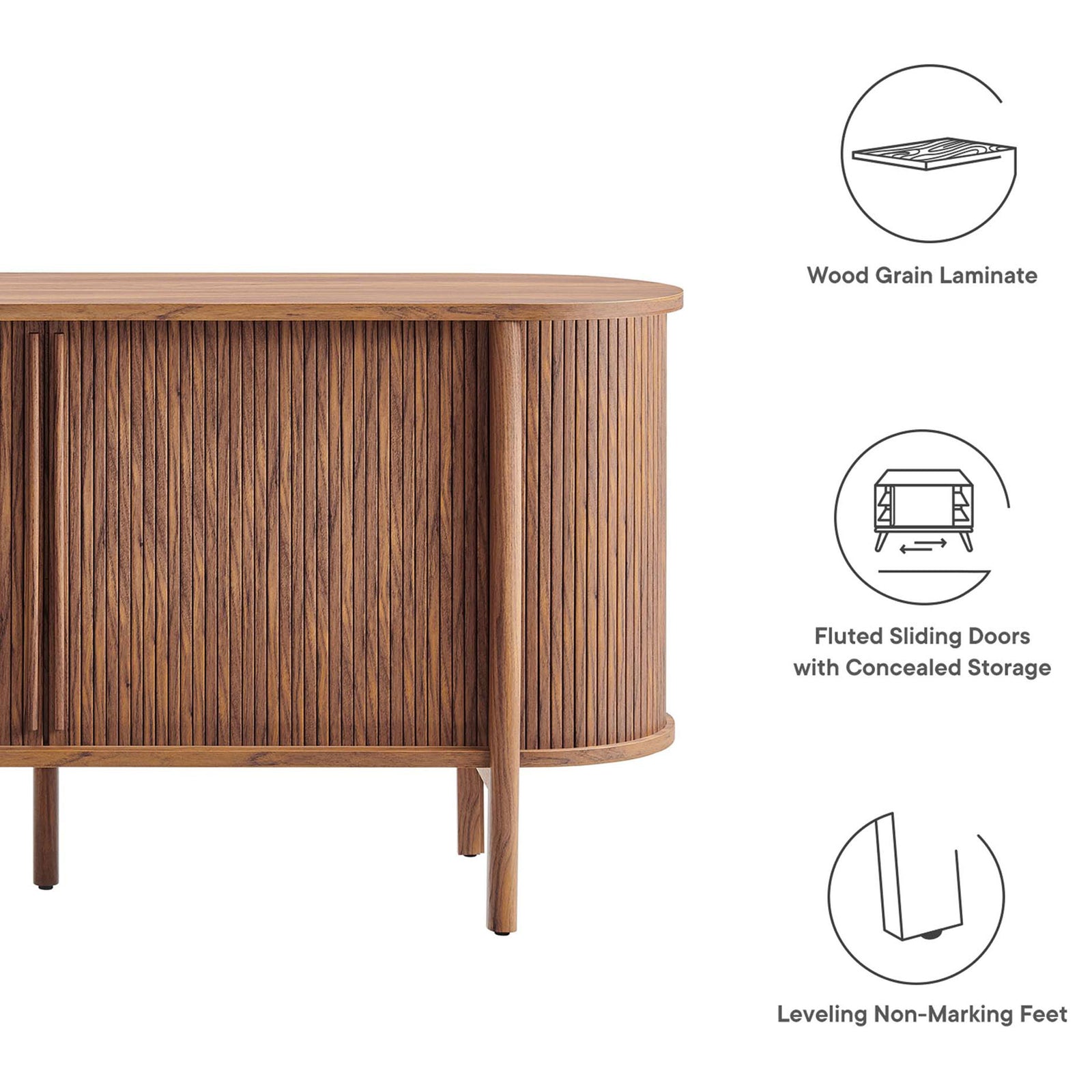 Feature graphic highlighting wood grain laminate, fluted sliding doors, and leveling non-marking feet || EEI-6309-WAL || callout_studio