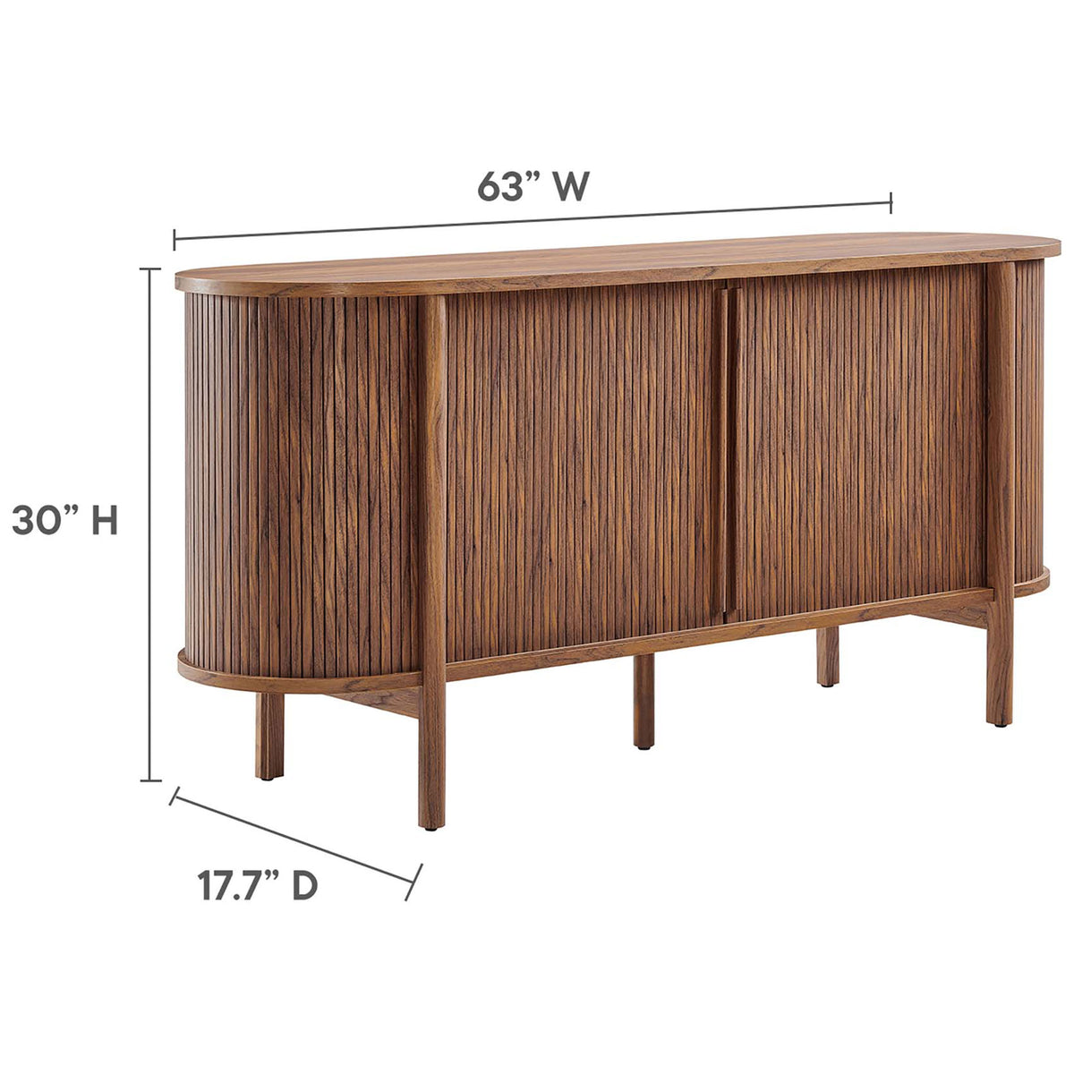 Dimension diagram of the curved sideboard showing overall width, height, and depth measurements || EEI-6309-WAL || dimension_studio