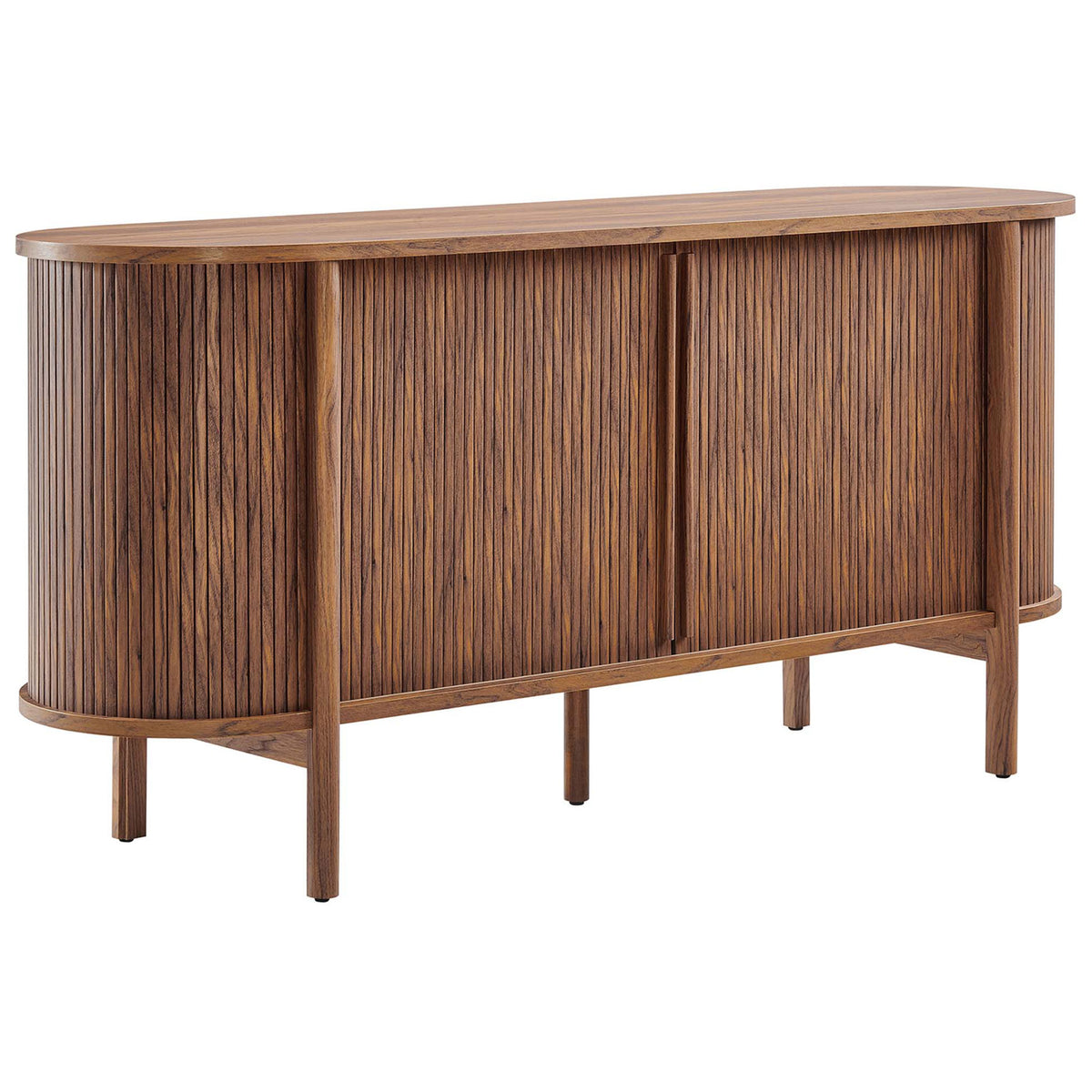 Curved walnut sideboard with fluted doors and slim round legs for sleek mid-century storage || EEI-6309-WAL || front_angle_studio