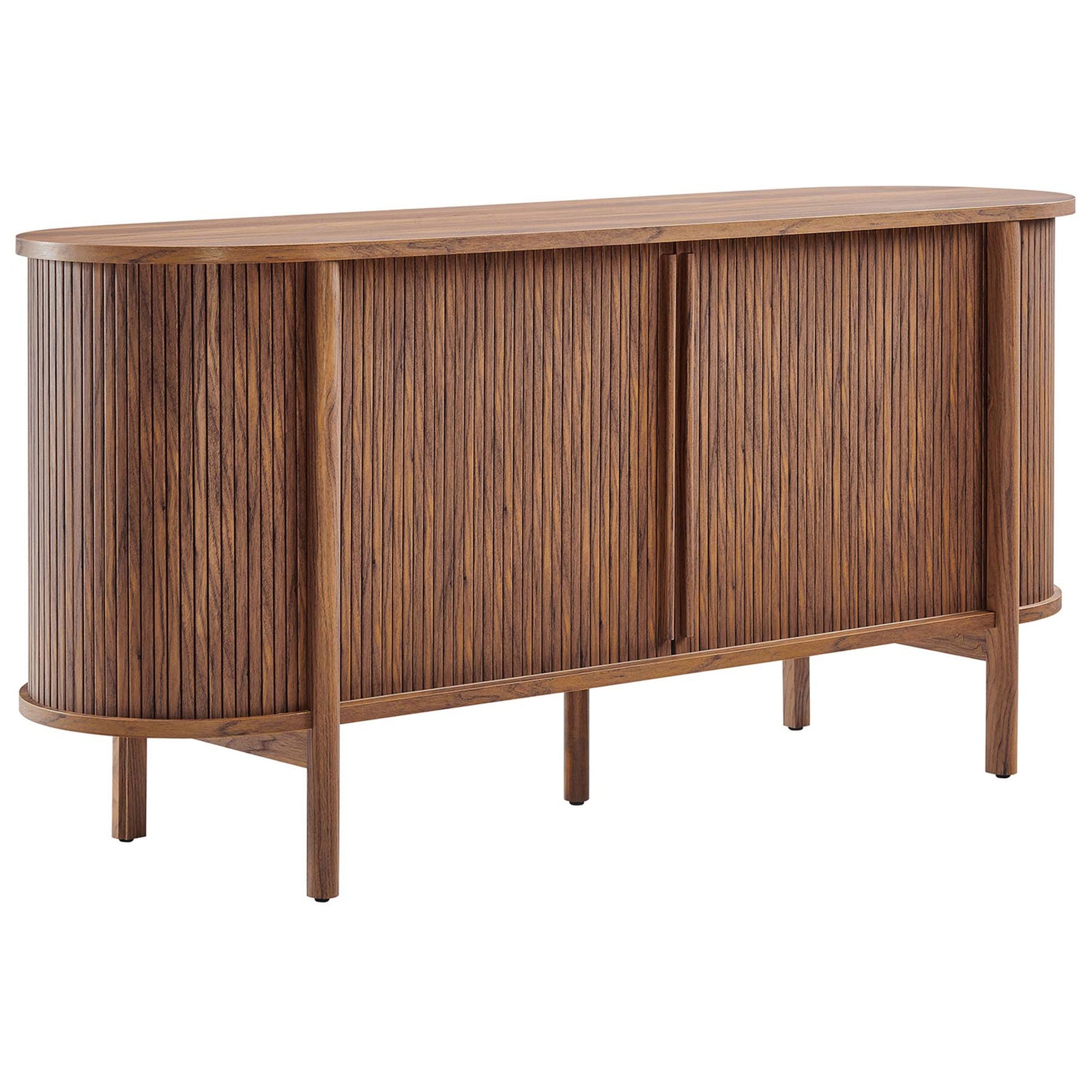 Curved walnut sideboard with fluted doors and slim round legs for sleek mid-century storage || EEI-6309-WAL || front_angle_studio