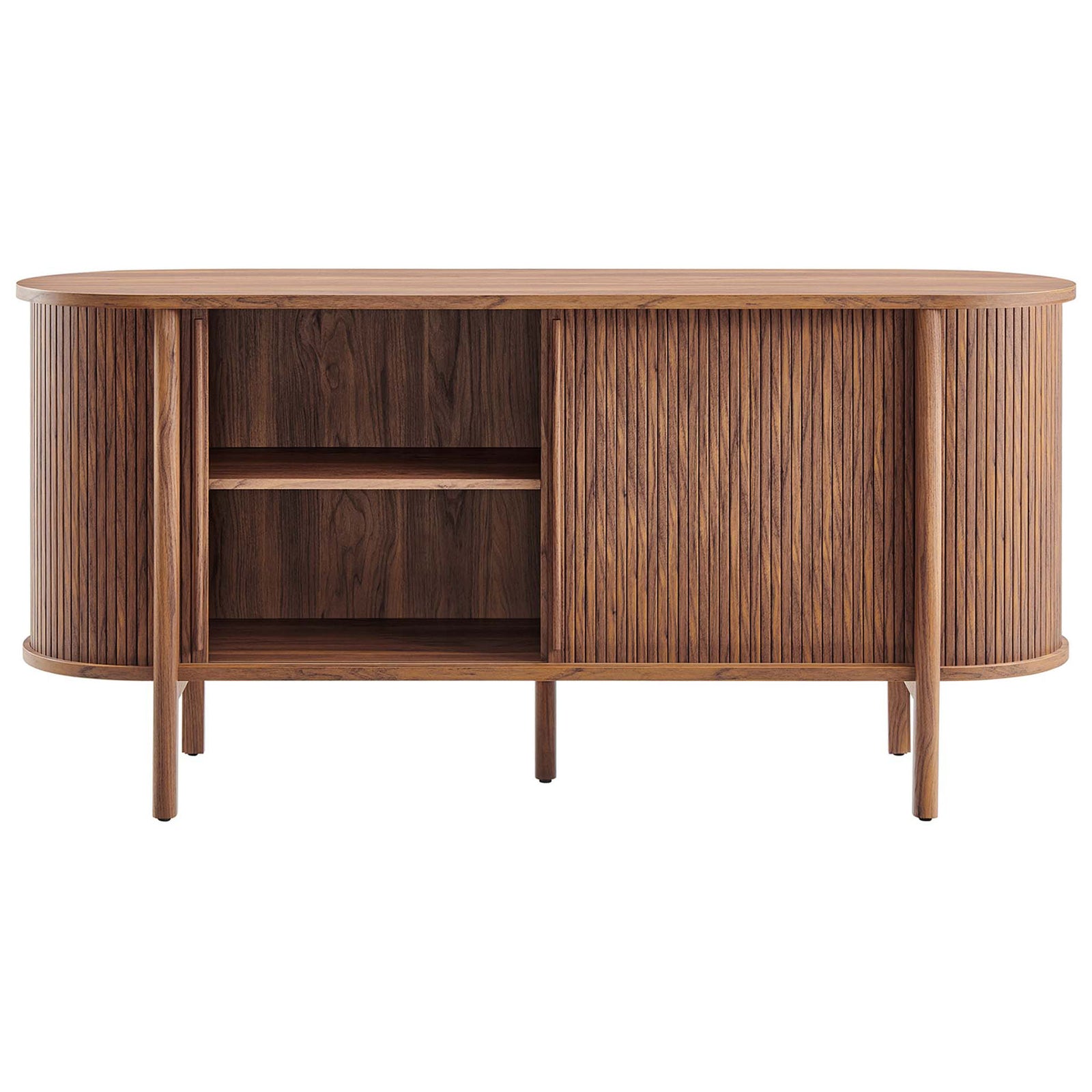 Sideboard with fluted sliding door revealing adjustable shelves for dinnerware or media storage || EEI-6309-WAL || front_open_studio