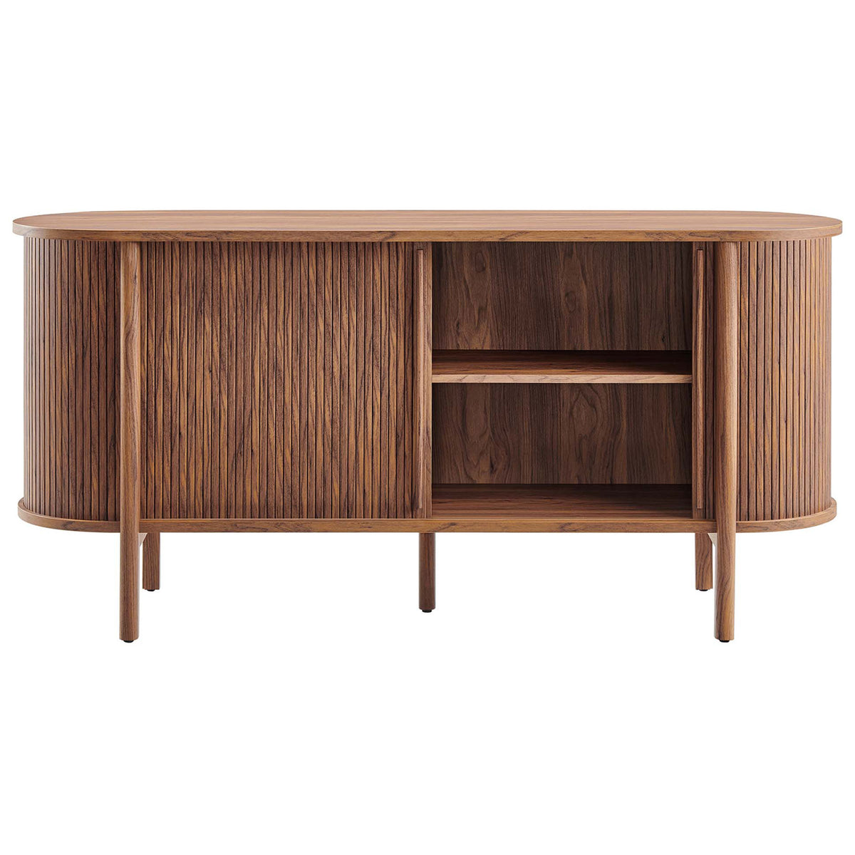 Fluted walnut cabinet with one sliding door open to showcase spacious interior shelving || EEI-6309-WAL || front_open_studio