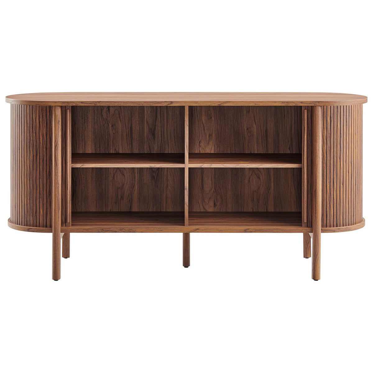 Sideboard with both fluted doors open, revealing full-width storage compartments and shelves || EEI-6309-WAL || front_open_studio