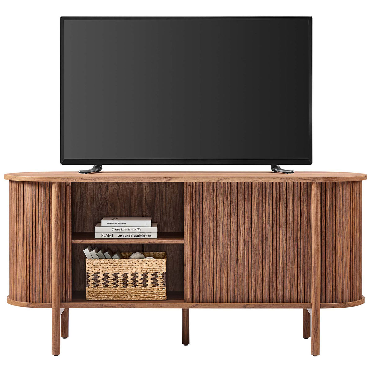 Fluted walnut media sideboard styled with TV, books, and basket to highlight versatile storage || EEI-6309-WAL || front_open_studio