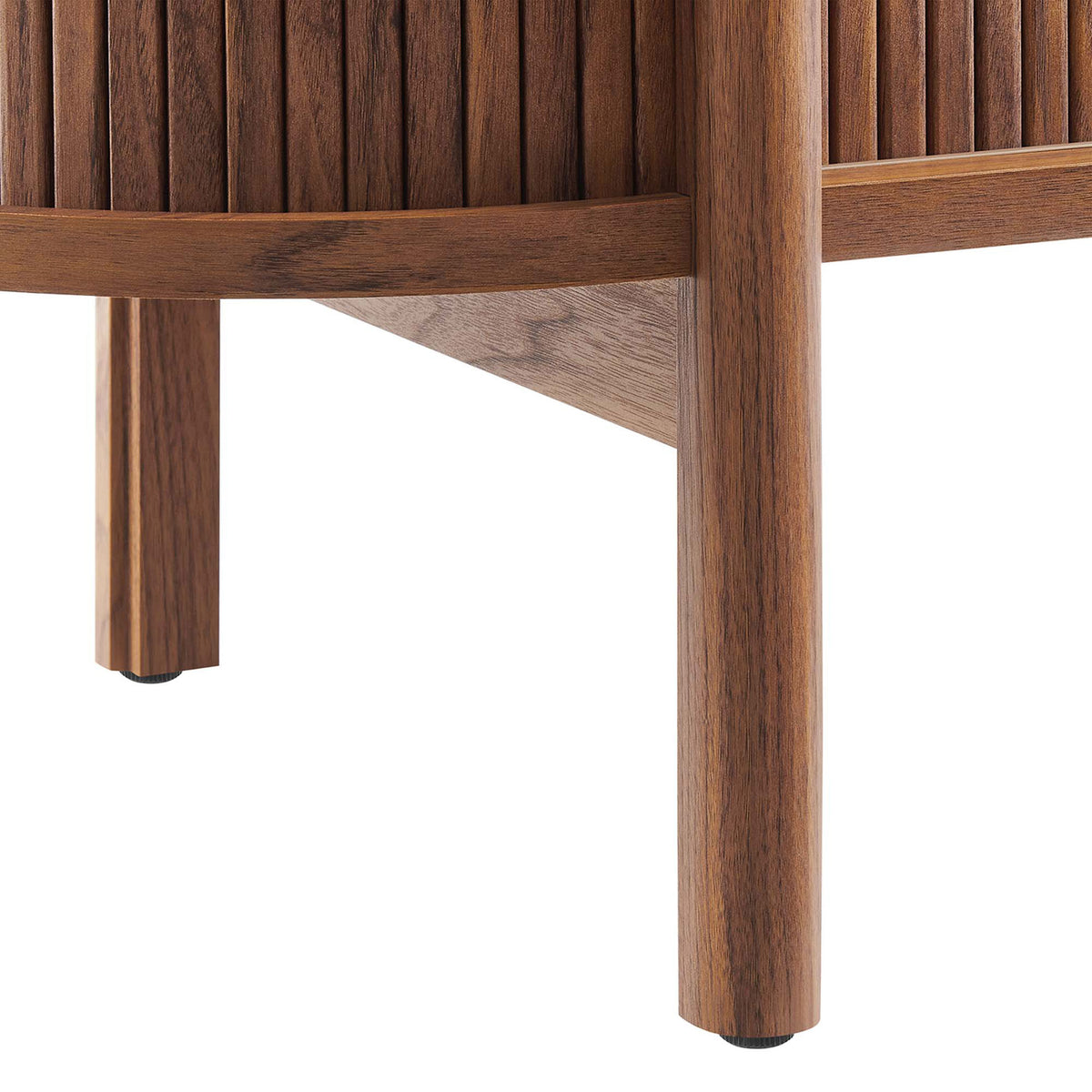 Rounded wood legs and stretcher detail with non-marking caps for stable, floor-friendly support || EEI-6309-WAL || leg_studio