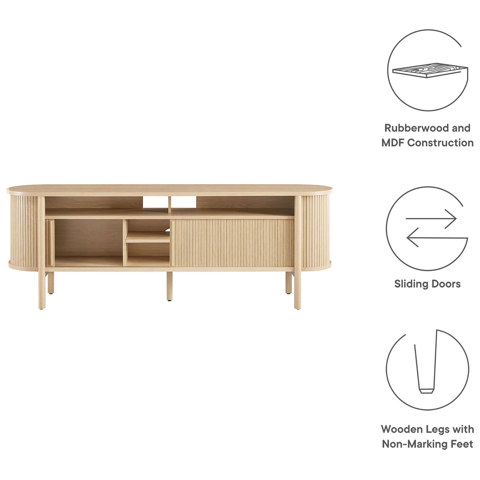 Feature highlights of the Cadence oak TV stand including wood construction, sliding doors, and stable legs. || EEI-6310-OAK || callout_studio