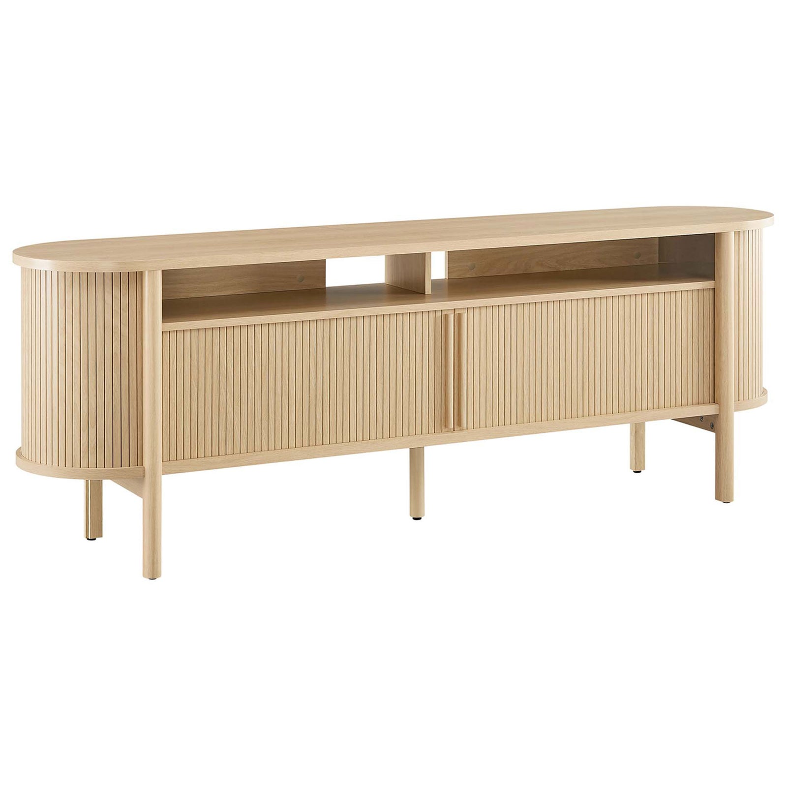 Curved oak Cadence TV stand highlighting airy open shelf and fluted front cabinetry. || EEI-6310-OAK || front_angle_studio