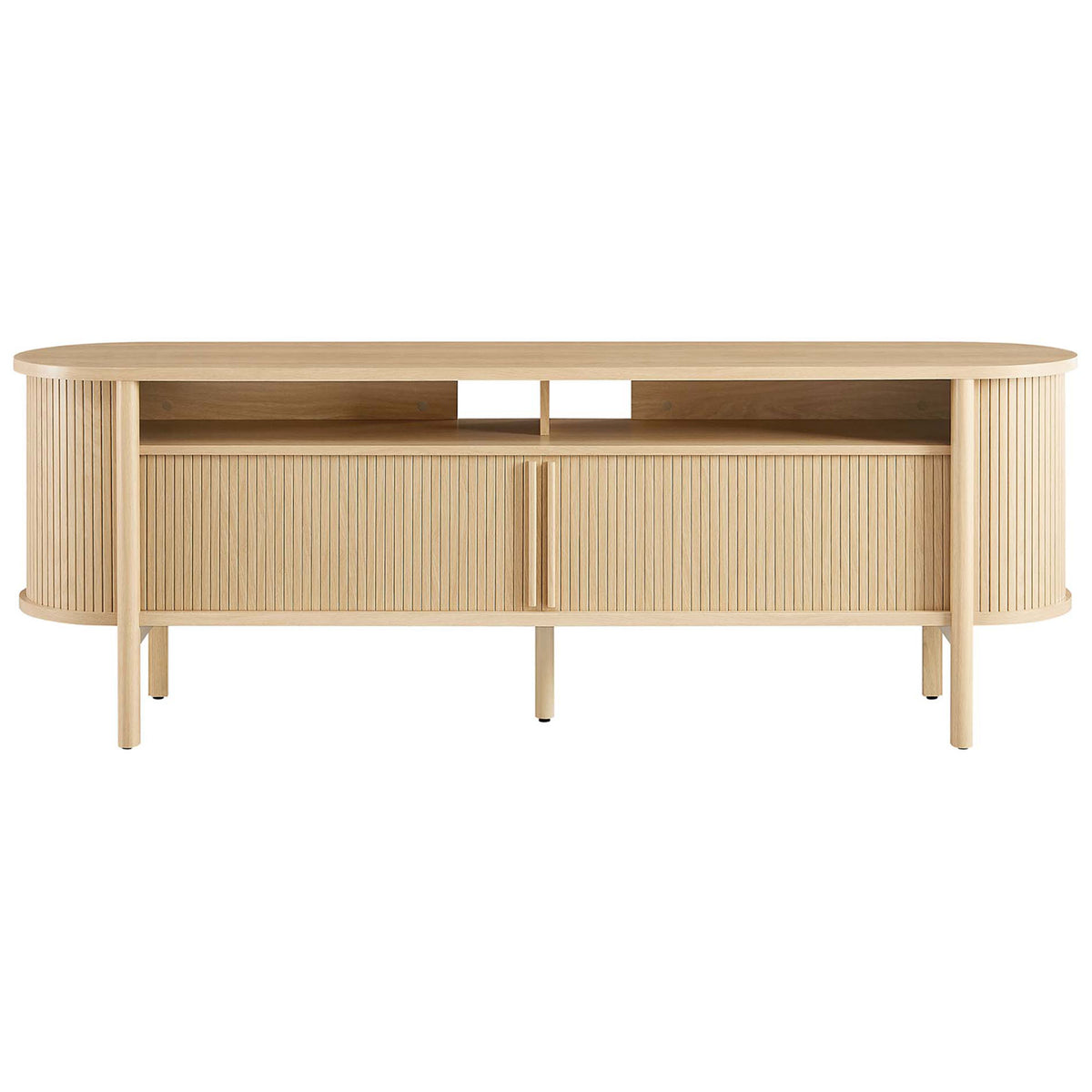 Cadence oak TV stand with curved ends, fluted doors, and open shelf for media devices. || EEI-6310-OAK || front_studio