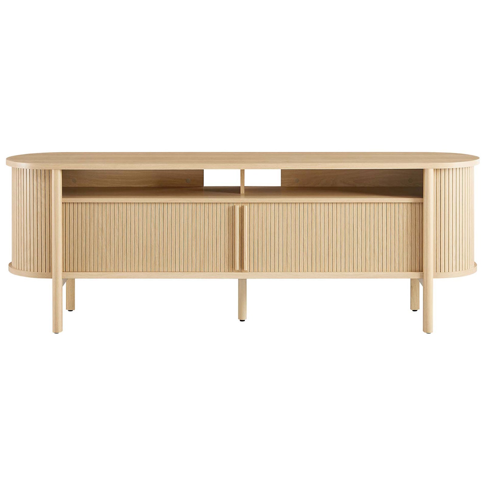 Cadence oak TV stand with curved ends, fluted doors, and open shelf for media devices. || EEI-6310-OAK || front_studio
