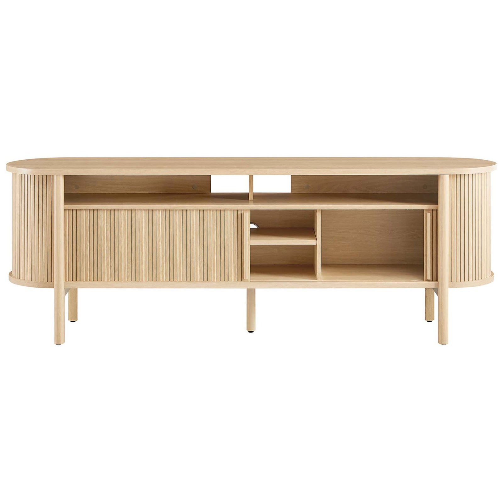 Oak TV stand showing sliding door revealing adjustable shelves for consoles and storage. || EEI-6310-OAK || front_open_studio